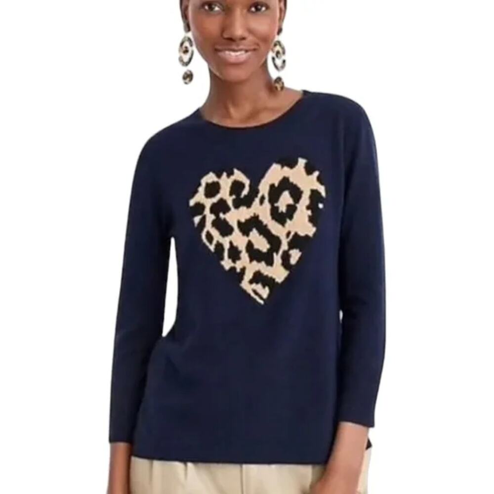 J. Crew Everyday Pure Cashmere Crewneck Sweater with Leopard Heart Blue Size S